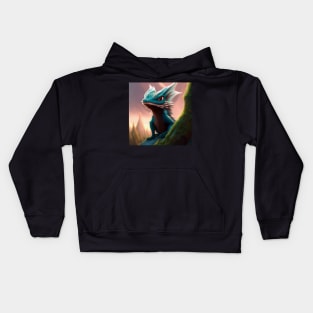 Baby Cyan Dragon Climbing a Rock in the Mountains Kids Hoodie